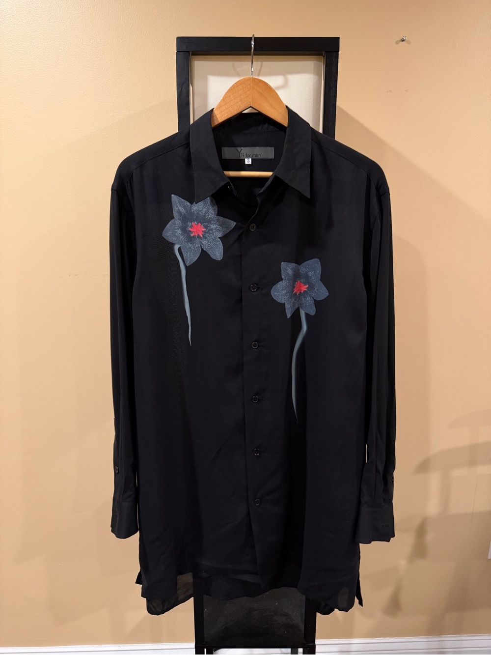 Yohji Yamamoto Gray & Red Flower / Floral Black Button Up Shirt